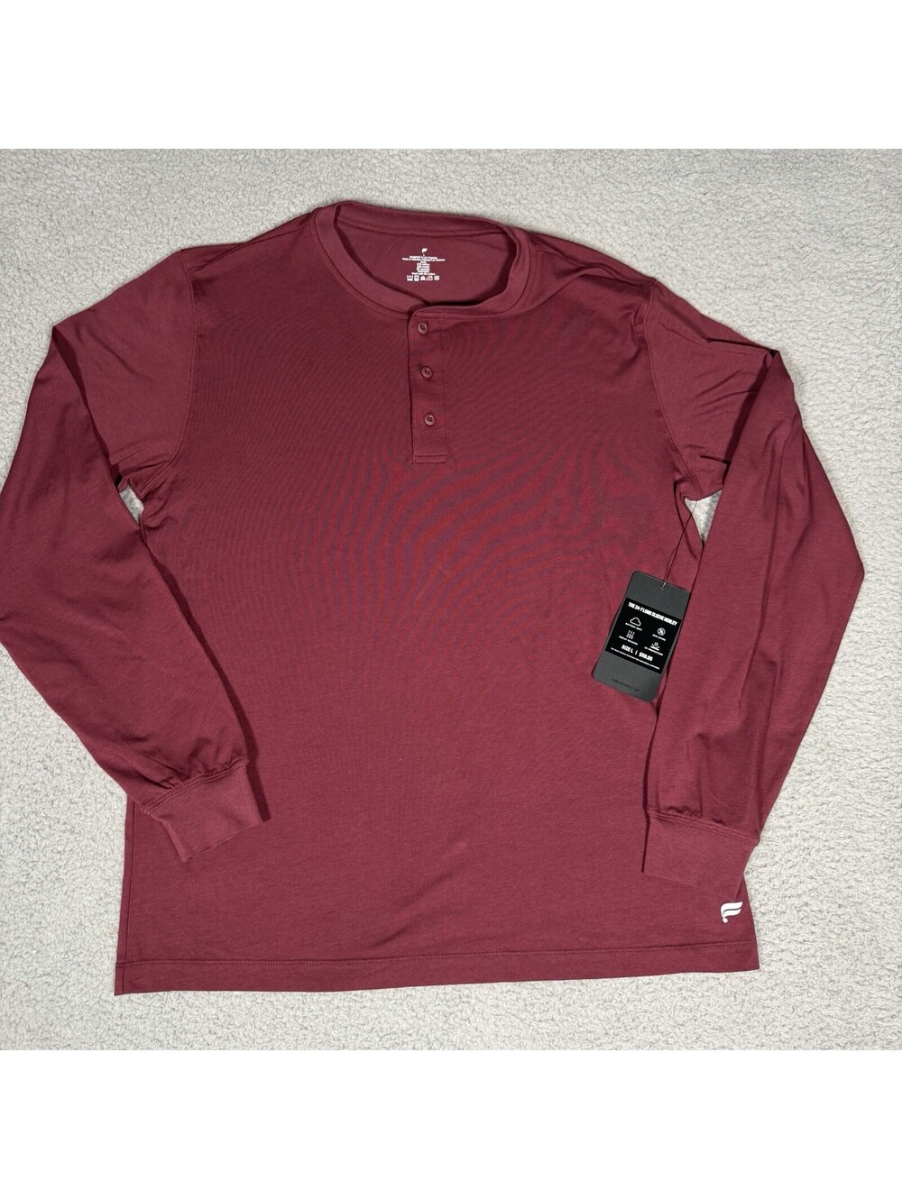 Fabletics NWT Long Sleeve Henley T Shirt Mens Size L Maroon Wicking Stretch New